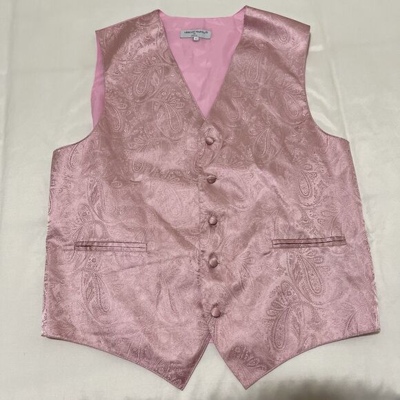 Vesuvio Napoli  ITALY Pink Satin Vest L Covered Buttons Pockets Adjustable Strap - Picture 1 of 9